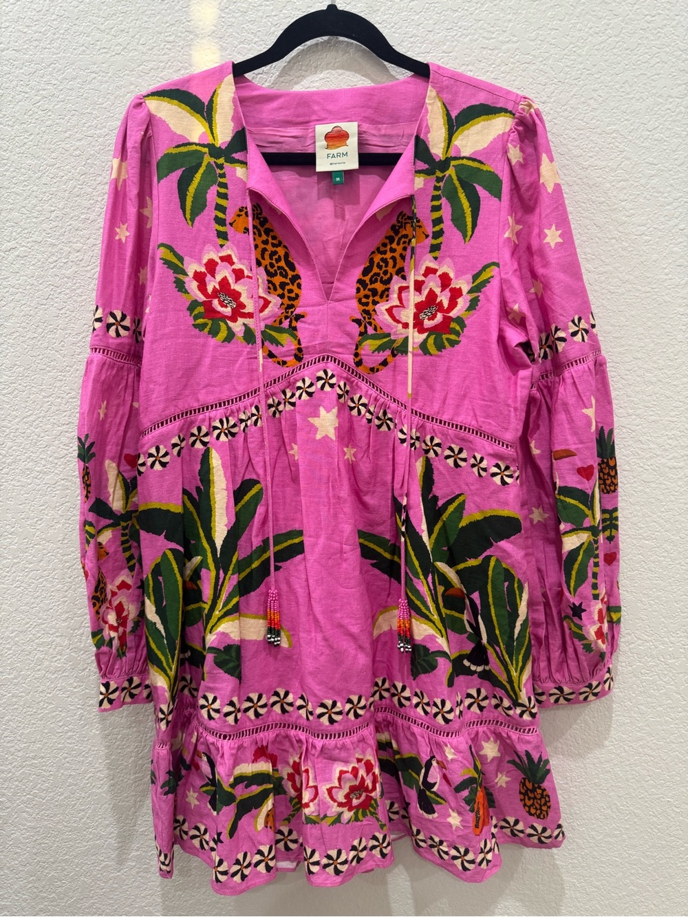 Farm Rio Leopard Forest Mini Dress Pink Linen Blend Beaded Tassels Medium M - Picture 3 of 10